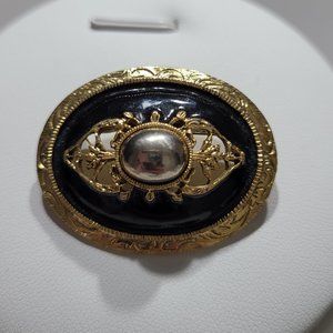 Vintage 1928 Brand Oval Cabochon Brooch Pin Enamel Art Nouveau Gold Tone Black